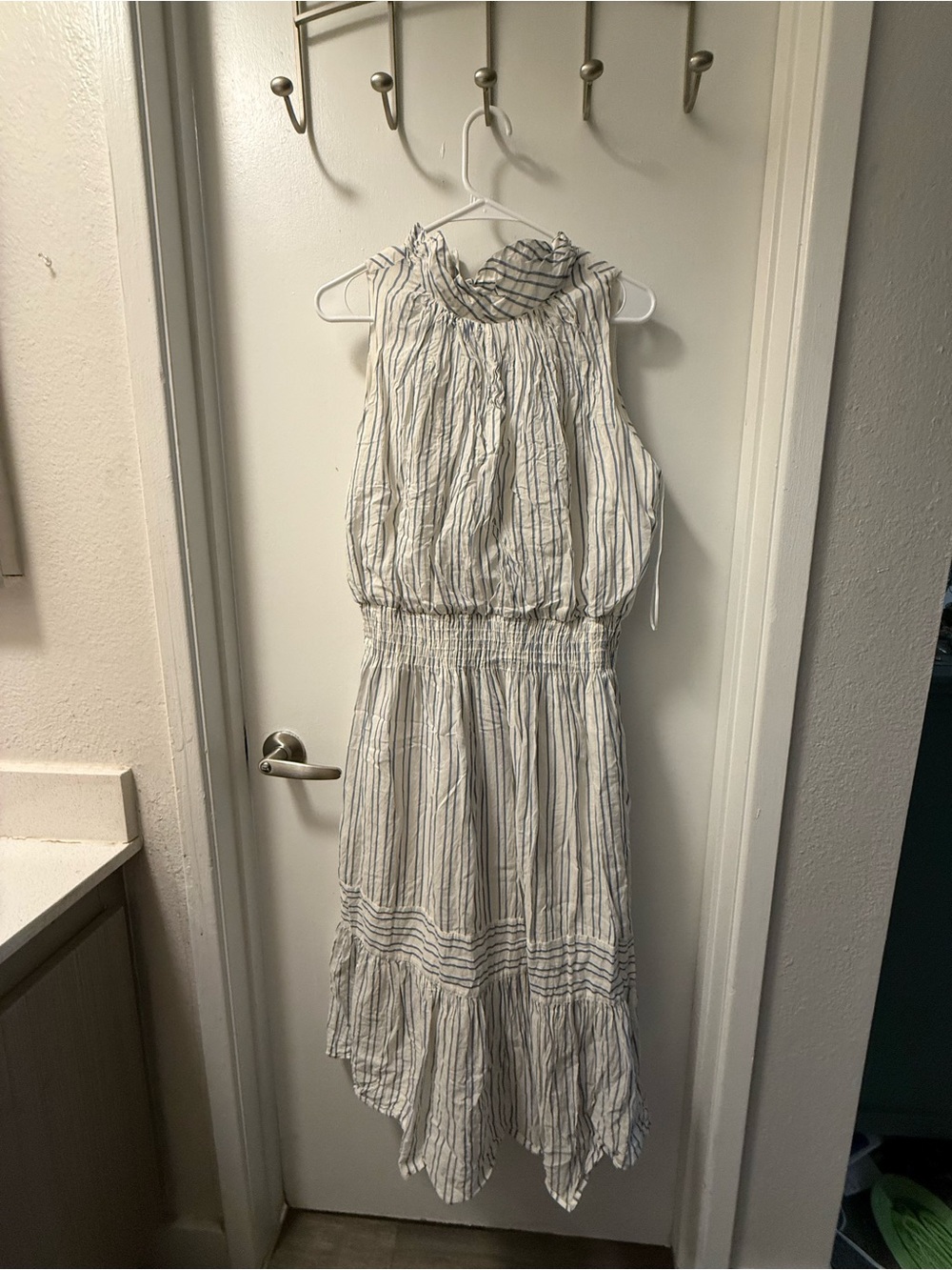 Just...Taylor White and Navy Striped Sleeveless High-Neck Midi Dress with Ruffle